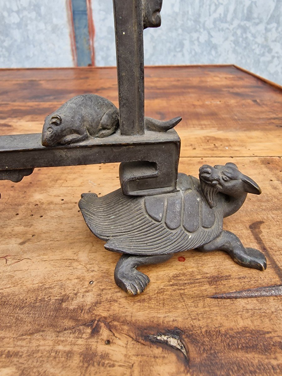 Watch Holder Or Japanese Gong In Patinated Bronze Decor Of Rat, Snail And Turtles-photo-2