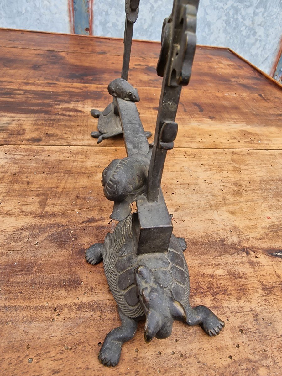 Watch Holder Or Japanese Gong In Patinated Bronze Decor Of Rat, Snail And Turtles-photo-2