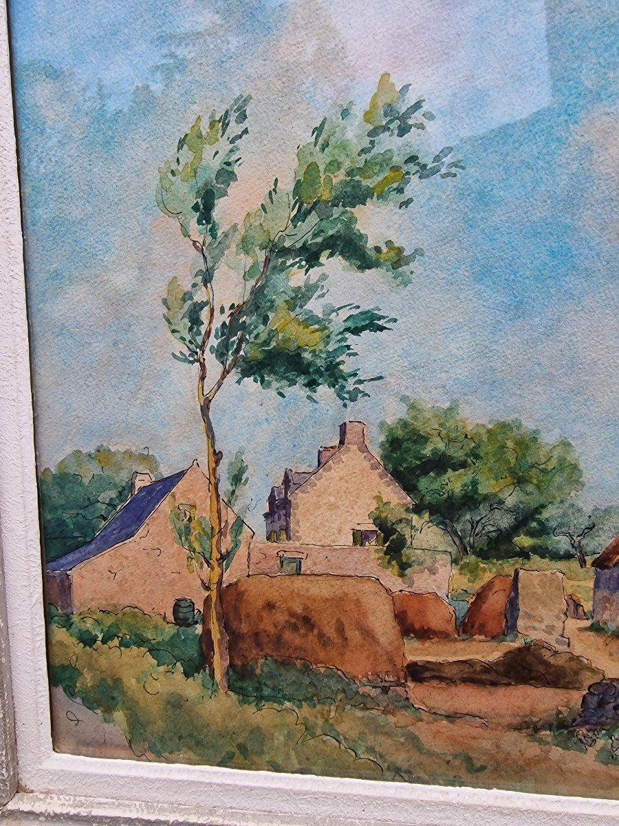 Breton Watercolor Old Thatched Cottage Farm In Carnac In 1944 Brittany Morbihan By Jm Renard-photo-1