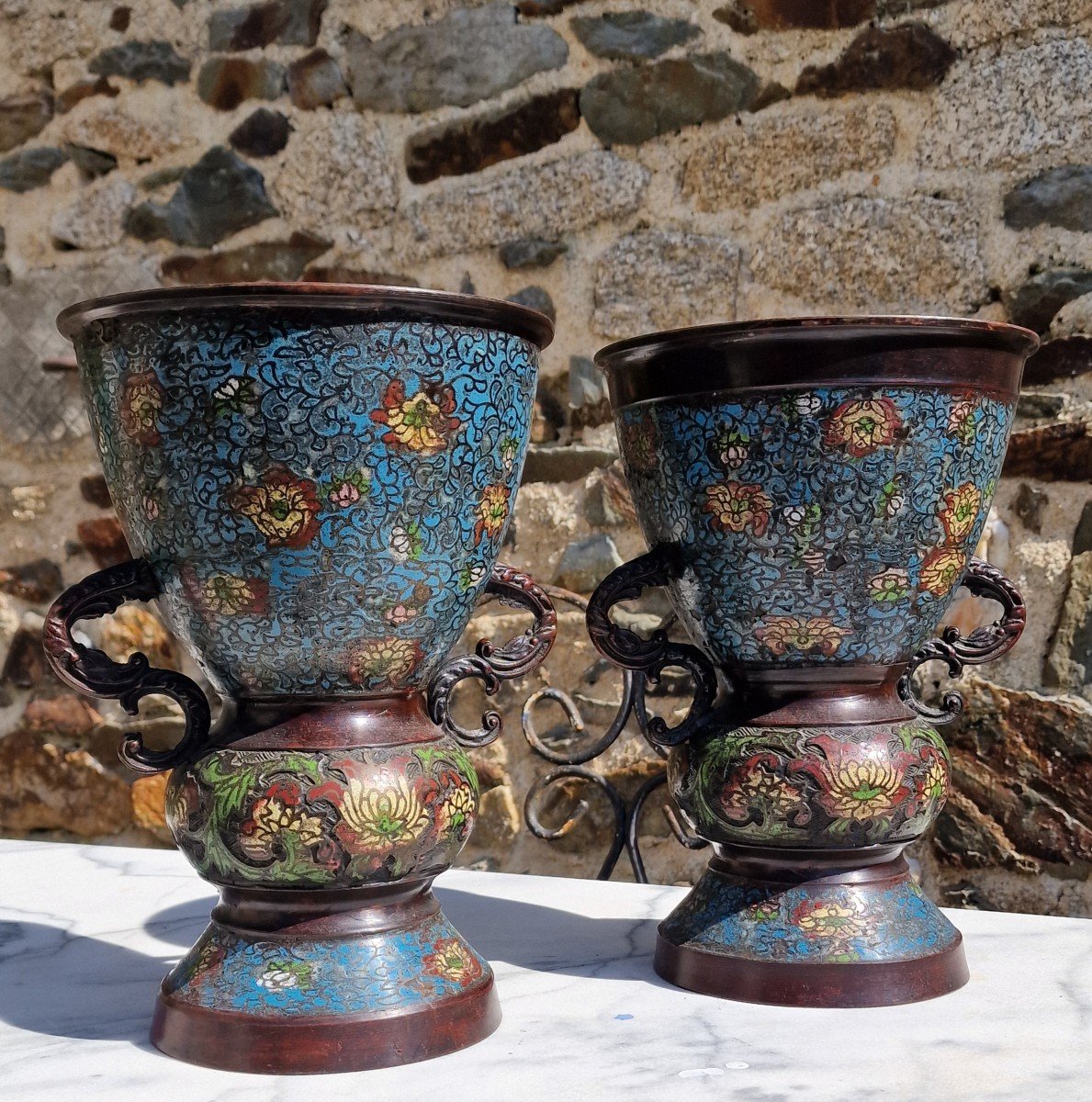 Pair Of Japanese Cloisonne Bronze Vases Or Perfume Burner Meiji Period-photo-2