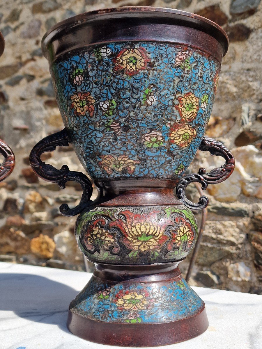 Pair Of Japanese Cloisonne Bronze Vases Or Perfume Burner Meiji Period-photo-3