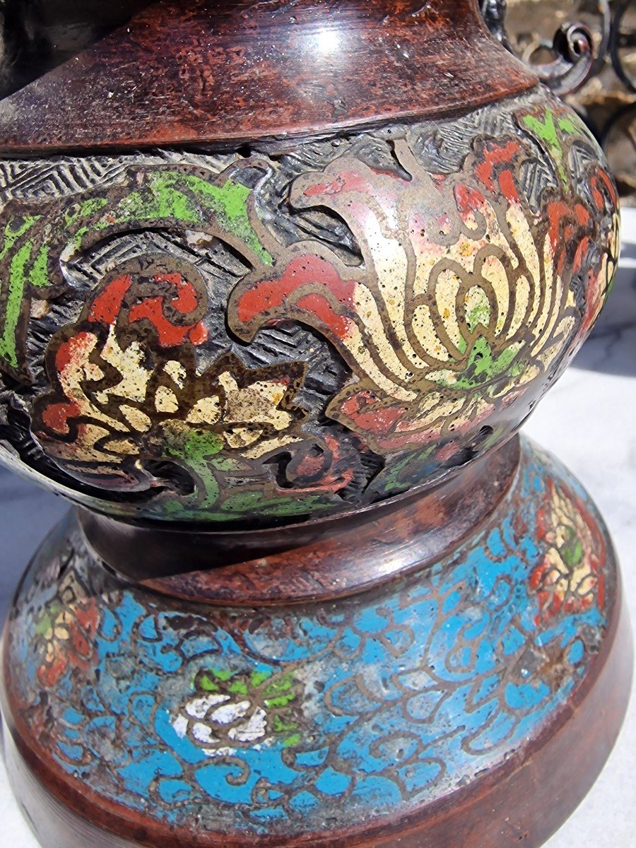 Pair Of Japanese Cloisonne Bronze Vases Or Perfume Burner Meiji Period-photo-3