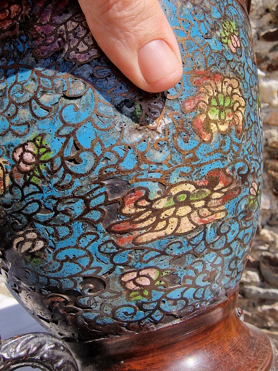 Pair Of Japanese Cloisonne Bronze Vases Or Perfume Burner Meiji Period-photo-4