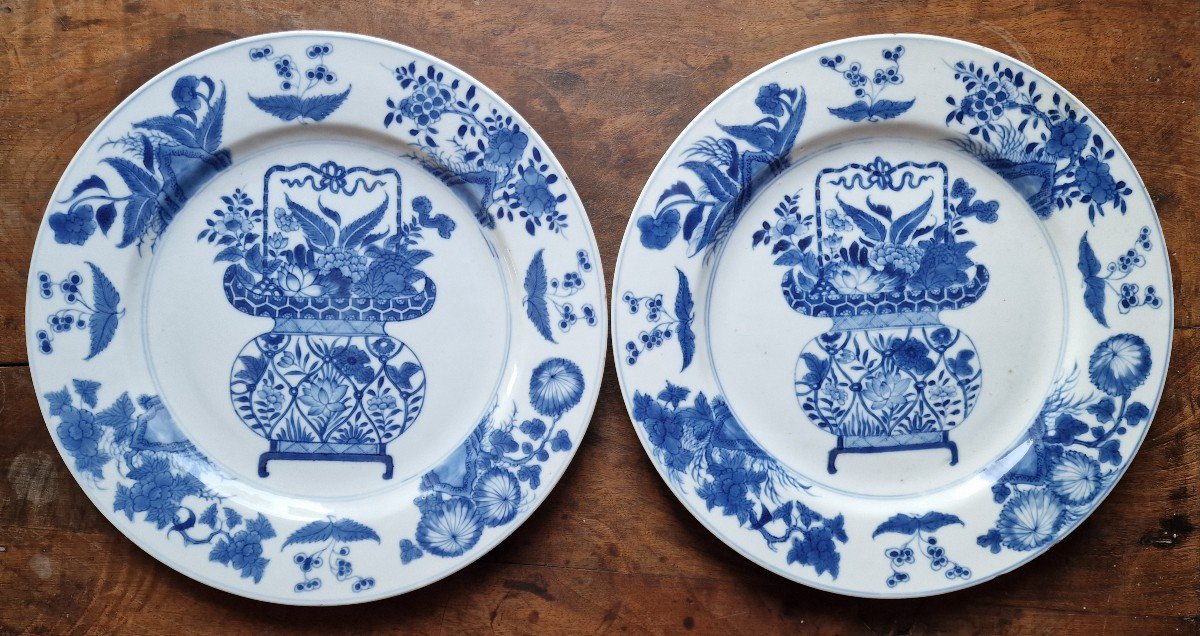 Paire d'Assiettes Plats Chinois 18ème époque Kangxi Blanc Bleu Dynastie Qing