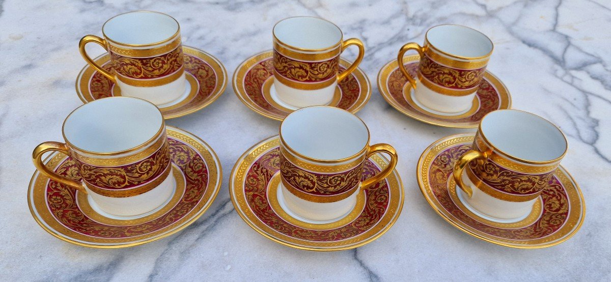 Set Of 6 Expresso Coffee Cups Chambord Bernardaud Model Limoges Porcelain Gilded With Gold-photo-3