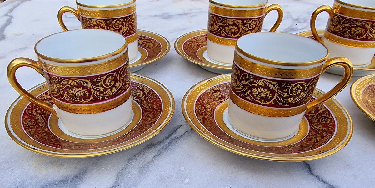 Set Of 6 Expresso Coffee Cups Chambord Bernardaud Model Limoges Porcelain Gilded With Gold-photo-1