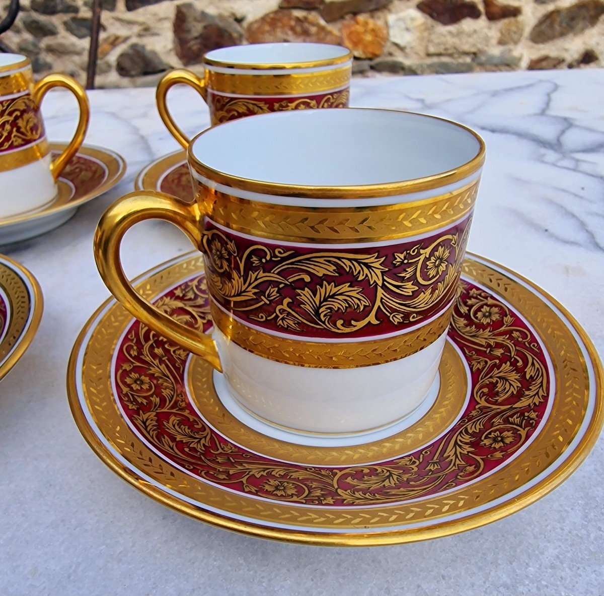 Set Of 6 Expresso Coffee Cups Chambord Bernardaud Model Limoges Porcelain Gilded With Gold-photo-6