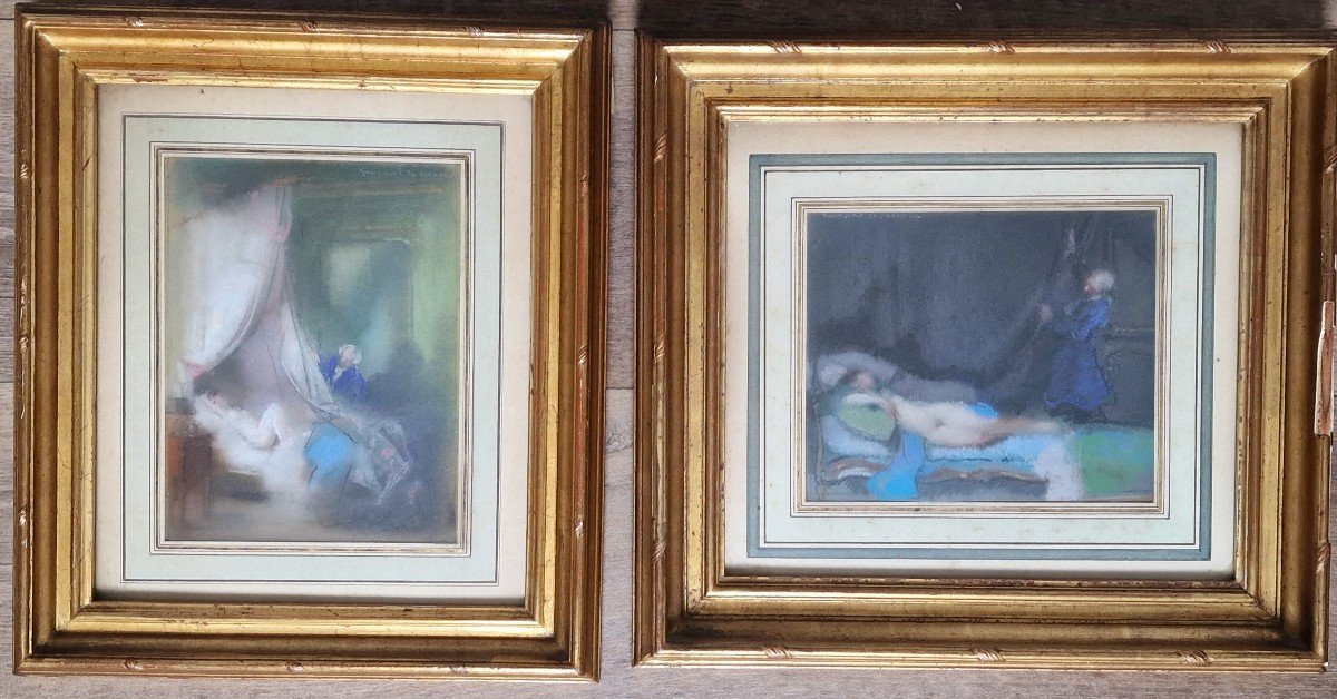 Lot De 2 Tableaux Pastel De Lucien-victor Guirand De Scévola (1871-1950) Scènes Galantes