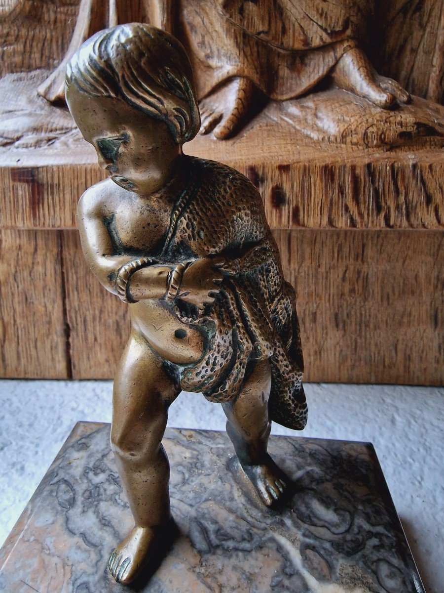 Statuette d'Enfant Ou Putto Pêcheur En Bronze 18ème