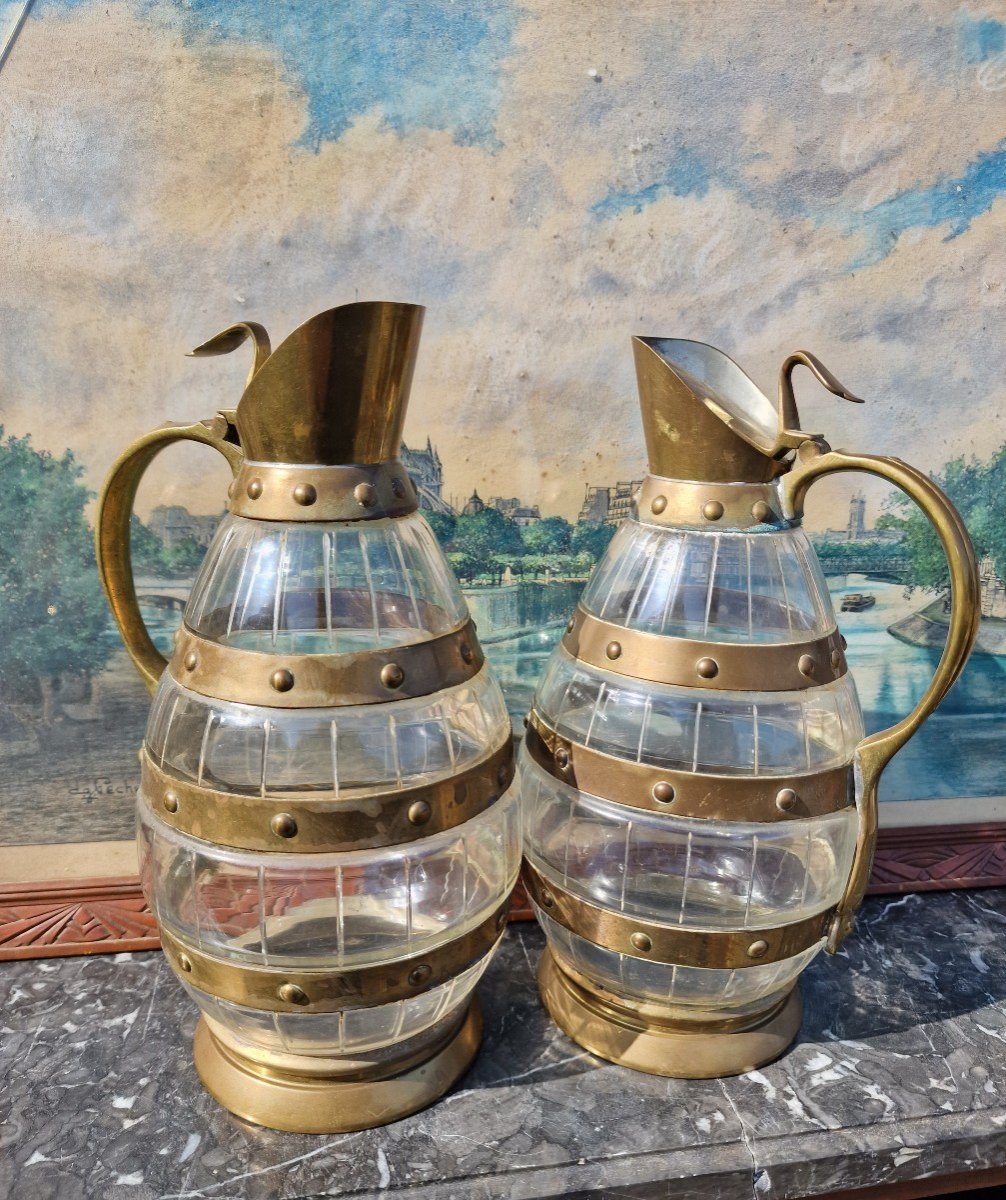 Pair Of Pitchers In Copper And Engraved Glass By Gustave Serrurier Bovy Art Nouveau-photo-1