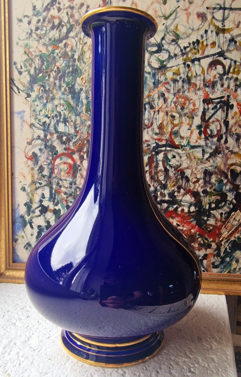 Vase En Porcelaine Bleu Cobalt De La Manufacture Nationale De Sèvres  Daté 1913 Forme Bouteille-photo-2