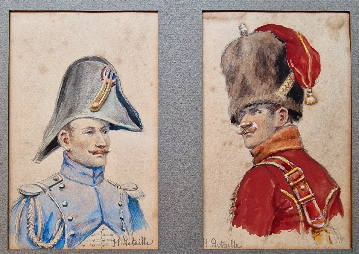 Series Of 8 Watercolors Of Detaille Portraits Of Napoleon And Hunter Officers, Old Guard, Dragons...-photo-2