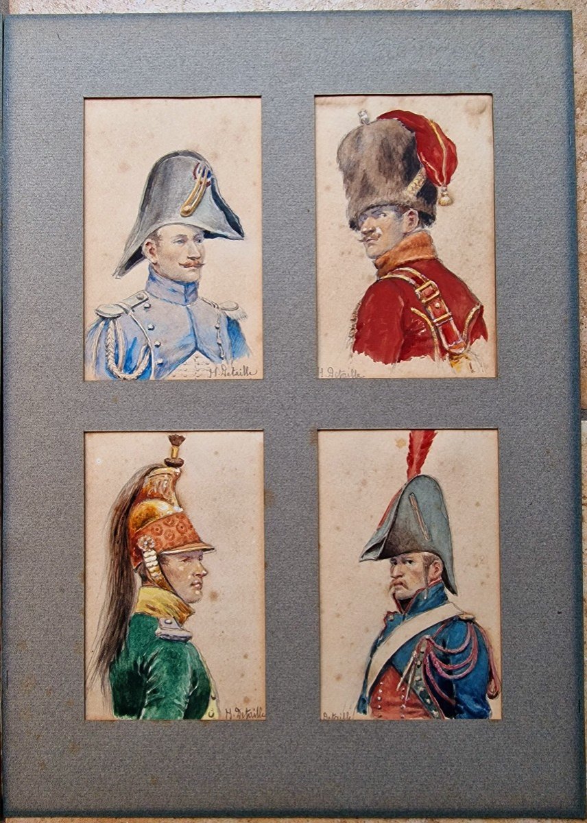 Series Of 8 Watercolors Of Detaille Portraits Of Napoleon And Hunter Officers, Old Guard, Dragons...-photo-4
