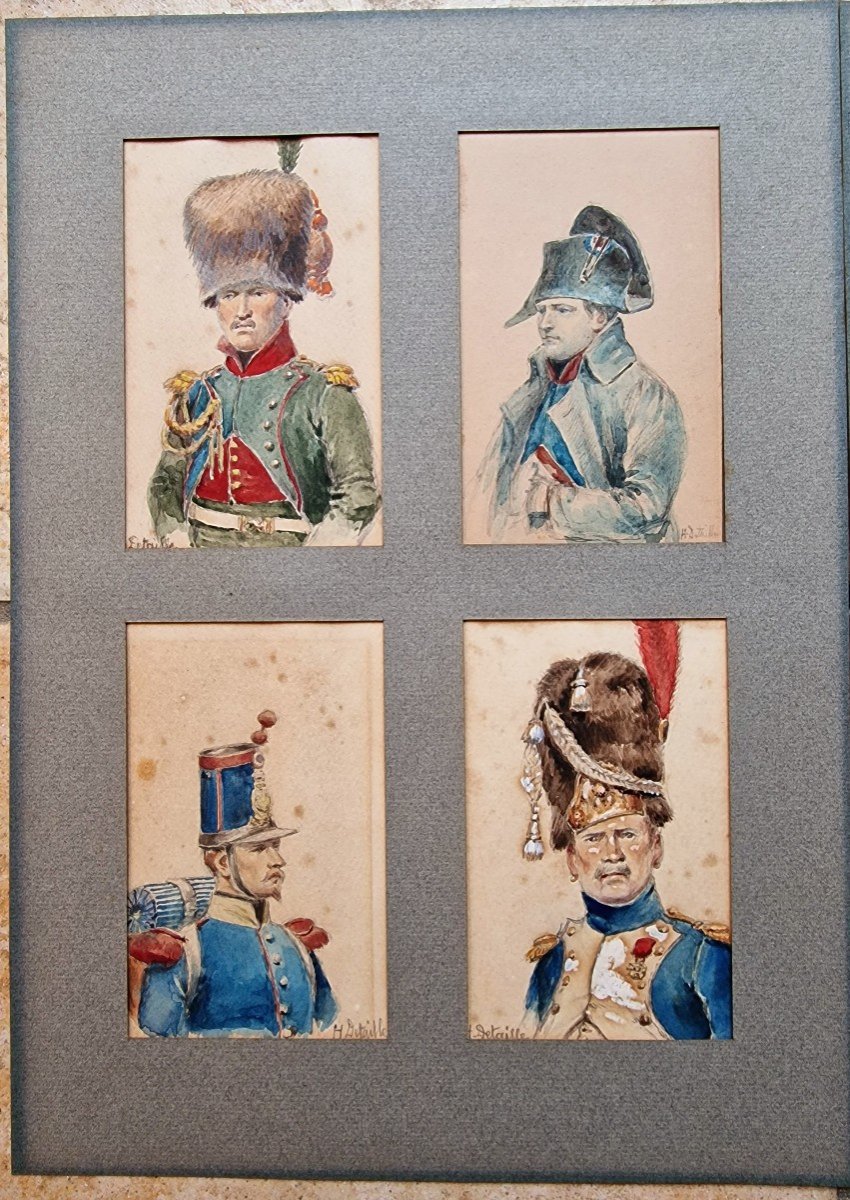 Series Of 8 Watercolors Of Detaille Portraits Of Napoleon And Hunter Officers, Old Guard, Dragons...-photo-5