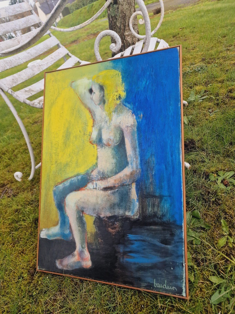 Tableau Femme Nue Modèle Assise Par Bauduin Vers 1970 Huile Sur Toile-photo-3