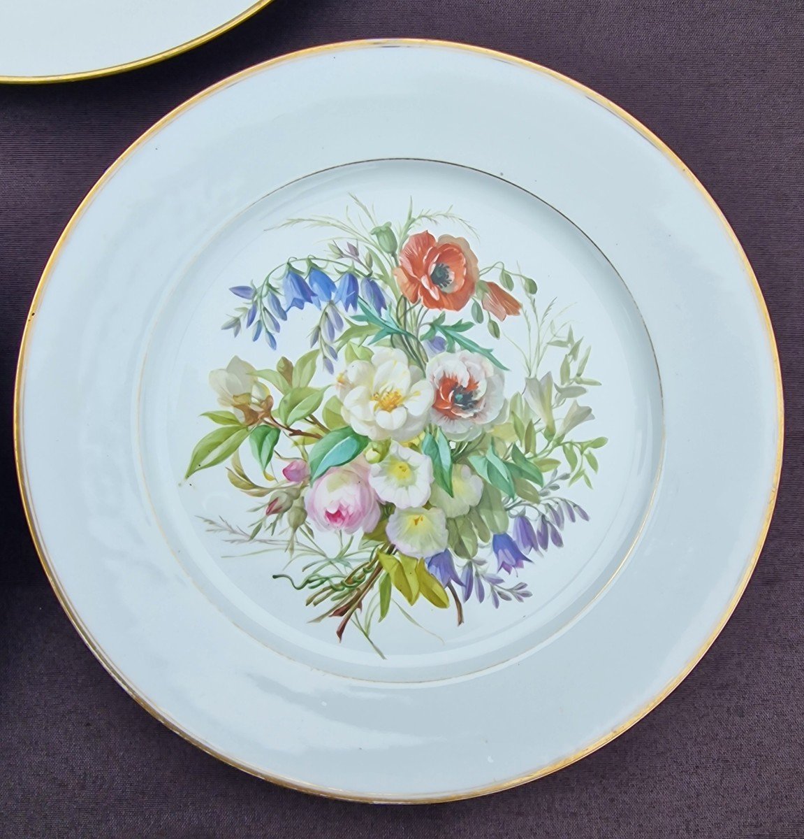 Lot De 5 Assiettes En Porcelaine De Sèvres De 1857 à 1864 à Décor De Bouquets De Fleurs Insecte-photo-1