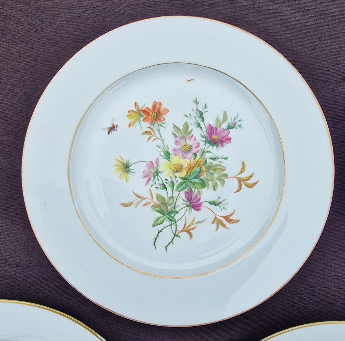 Lot De 5 Assiettes En Porcelaine De Sèvres De 1857 à 1864 à Décor De Bouquets De Fleurs Insecte-photo-2