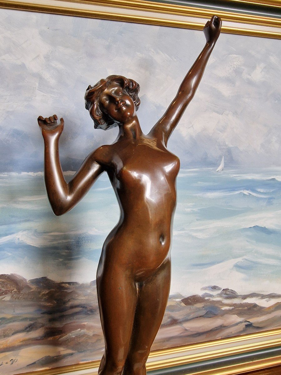 Bronze Statue Of Naked Woman "the Awakening" By Paul Philippe Art Deco Large Model-photo-2