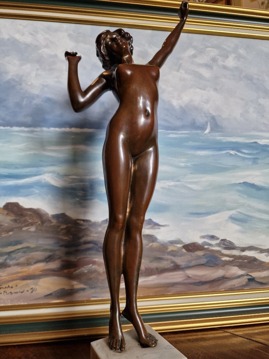 Bronze Statue Of Naked Woman "the Awakening" By Paul Philippe Art Deco Large Model-photo-3