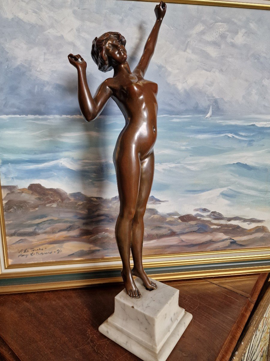 Bronze Statue Of Naked Woman "the Awakening" By Paul Philippe Art Deco Large Model-photo-1