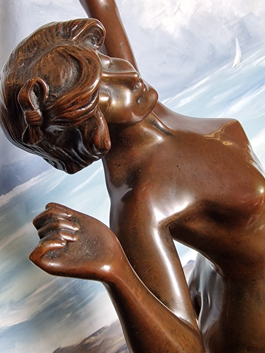 Bronze Statue Of Naked Woman "the Awakening" By Paul Philippe Art Deco Large Model-photo-2