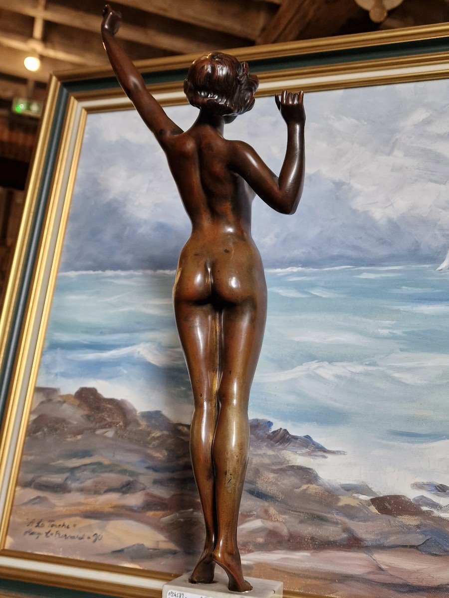 Bronze Statue Of Naked Woman "the Awakening" By Paul Philippe Art Deco Large Model-photo-5