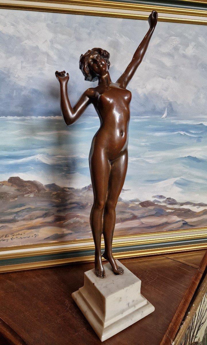 Bronze Statue Of Naked Woman "the Awakening" By Paul Philippe Art Deco Large Model