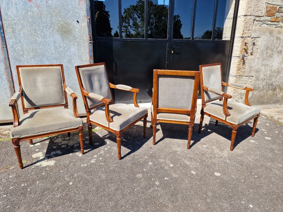 Series Of 4 Small Louis XVI Armchairs In Walnut Stamped Roulet Style 18th-photo-2