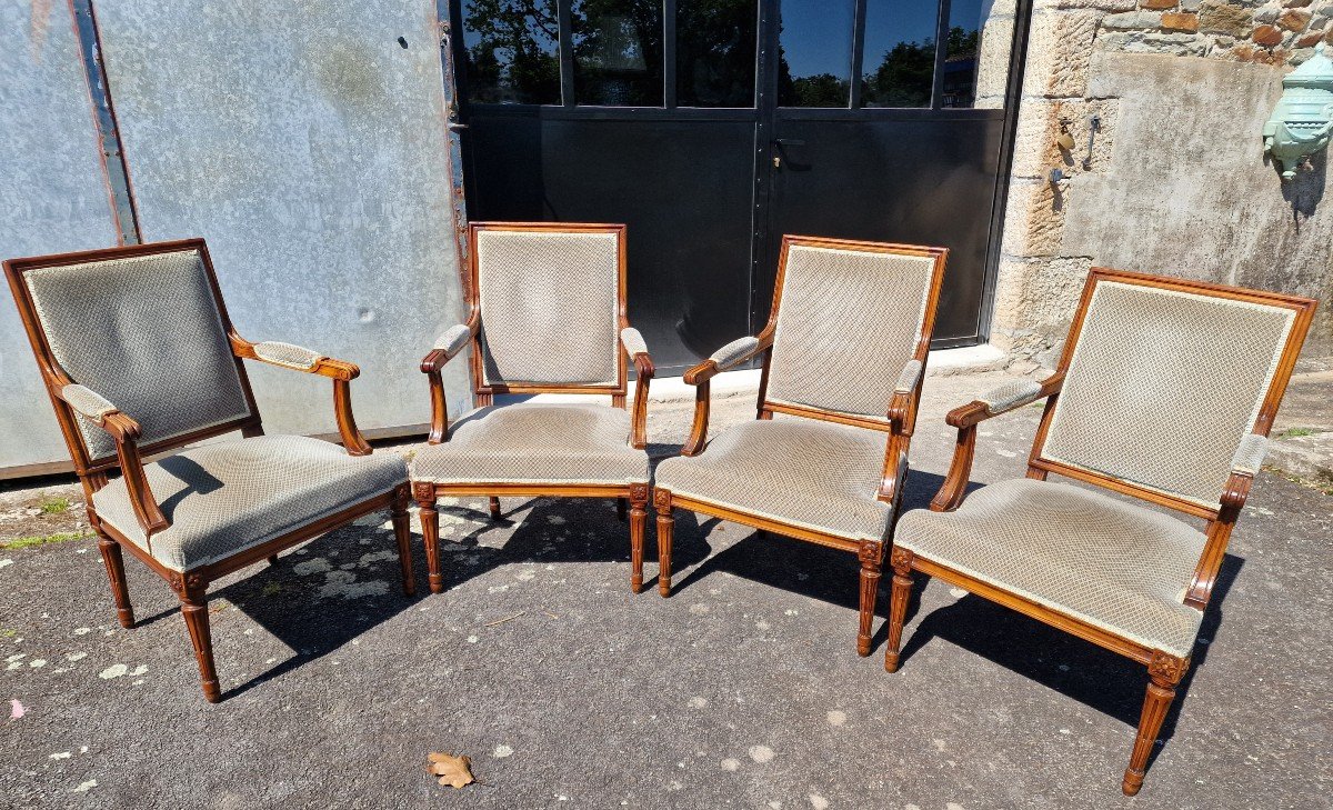 Series Of 4 Small Louis XVI Armchairs In Walnut Stamped Roulet Style 18th