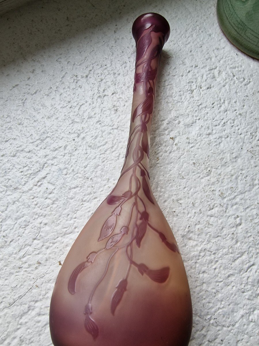 Vase émile Gallé à Decor Fushia En Verre Multicouches Soliflore Art Nouveau Pâte De Verre-photo-5