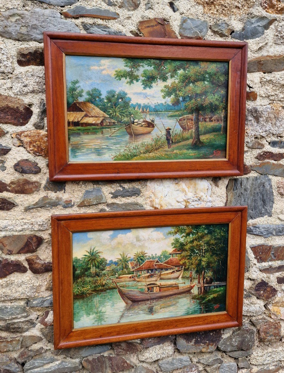 Pair Of Paintings Views Of Vietnam Mekong With Traditional Boats Signed Dated 1933-photo-2