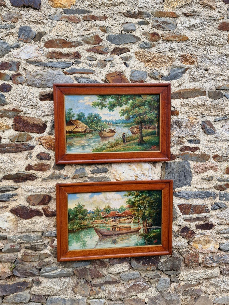 Pair Of Paintings Views Of Vietnam Mekong With Traditional Boats Signed Dated 1933-photo-3