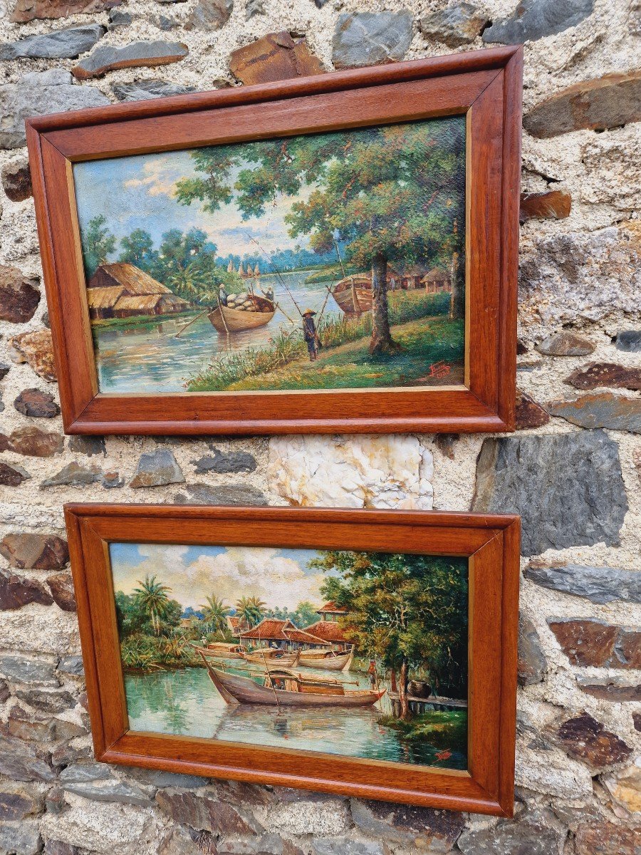 Pair Of Paintings Views Of Vietnam Mekong With Traditional Boats Signed Dated 1933-photo-4