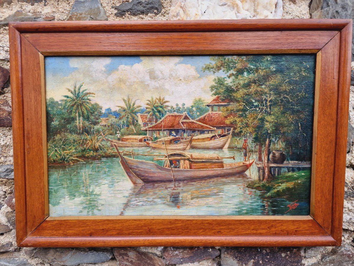 Pair Of Paintings Views Of Vietnam Mekong With Traditional Boats Signed Dated 1933-photo-1