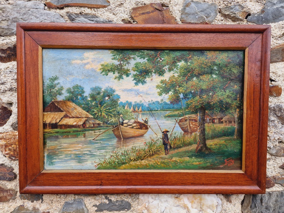 Pair Of Paintings Views Of Vietnam Mekong With Traditional Boats Signed Dated 1933-photo-2