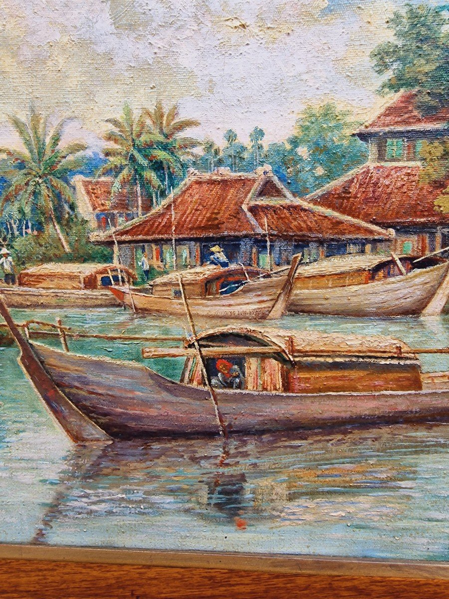 Pair Of Paintings Views Of Vietnam Mekong With Traditional Boats Signed Dated 1933-photo-3