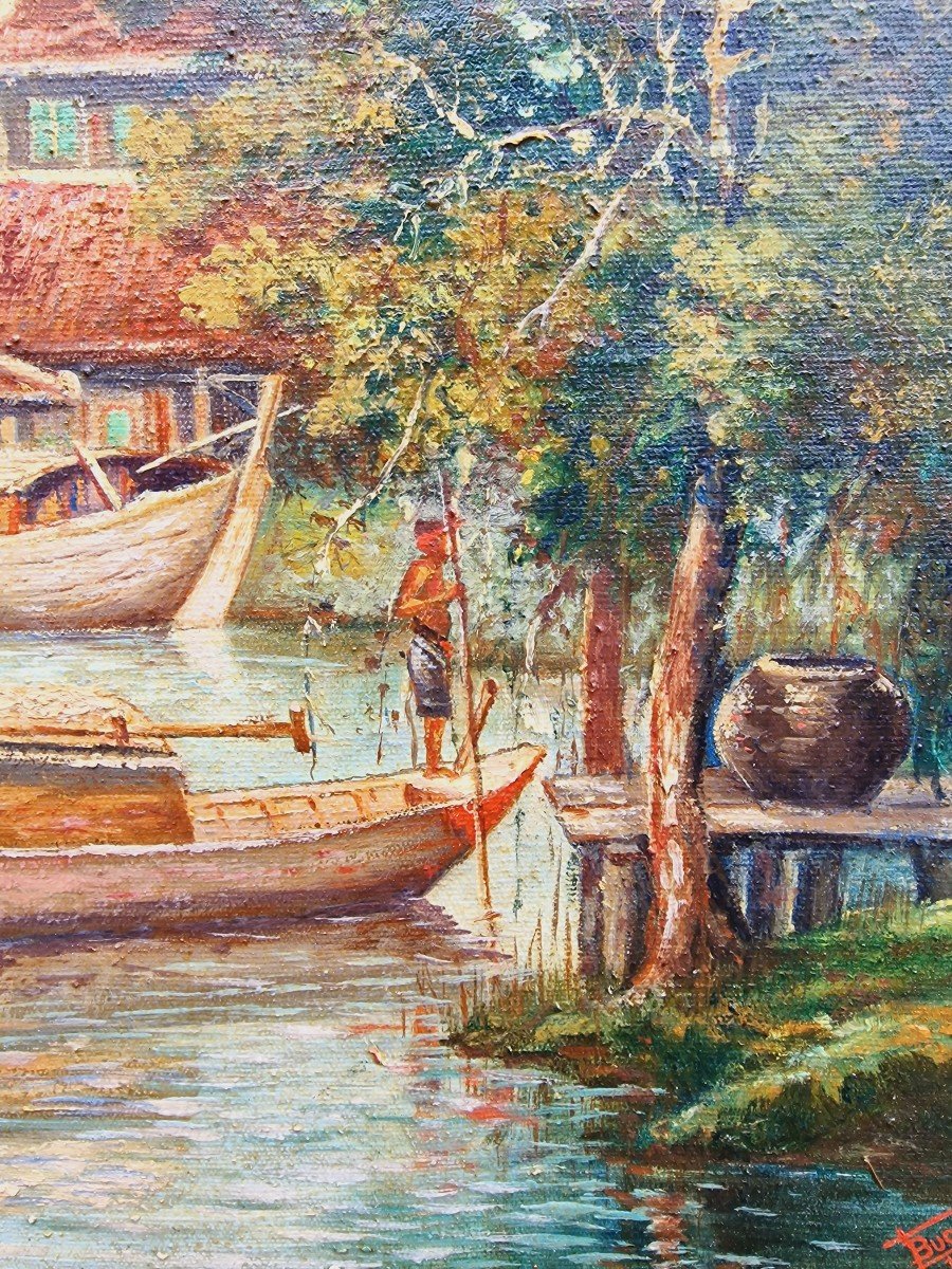 Pair Of Paintings Views Of Vietnam Mekong With Traditional Boats Signed Dated 1933-photo-4