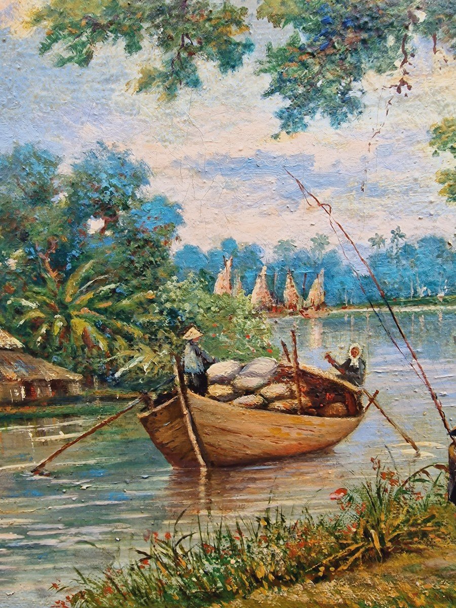 Pair Of Paintings Views Of Vietnam Mekong With Traditional Boats Signed Dated 1933-photo-5