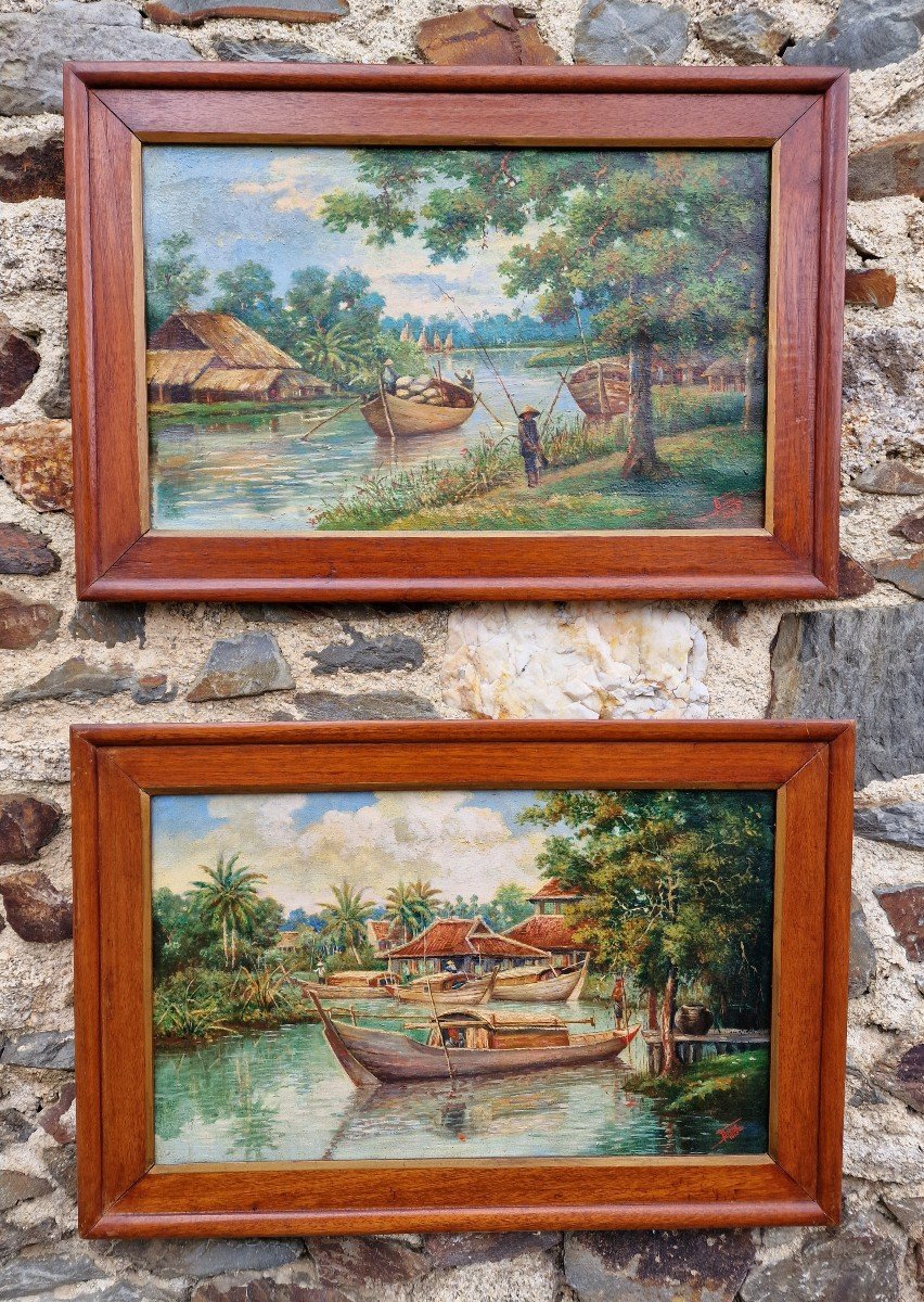 Pair Of Paintings Views Of Vietnam Mekong With Traditional Boats Signed Dated 1933