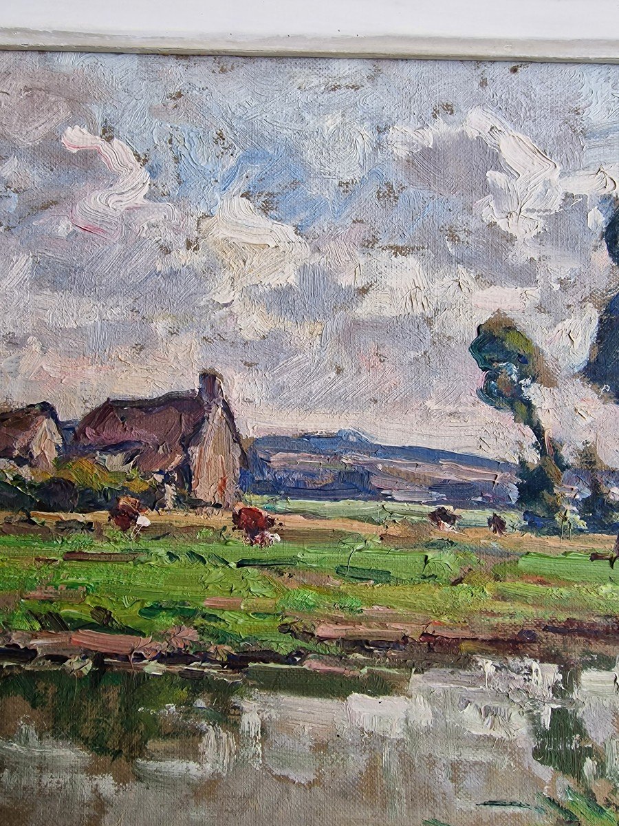 Painting Cows In Fields And Pond In Normandy By André Prévot Valérie Granville La Manche-photo-1