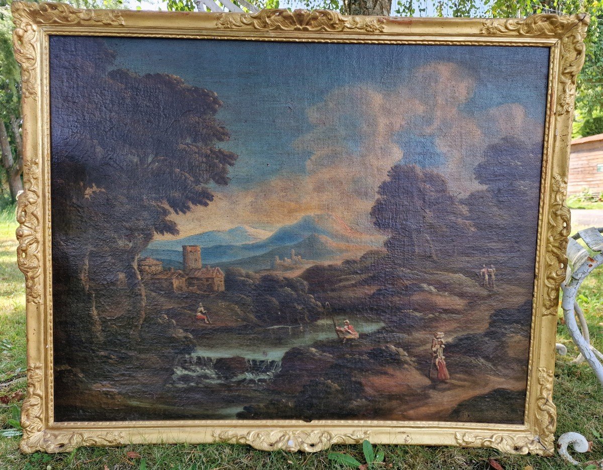 Tableau 18ème école Française Ou Italienne Paysage De Montagne Bucolique Et Son Cadre XVIIIème-photo-1