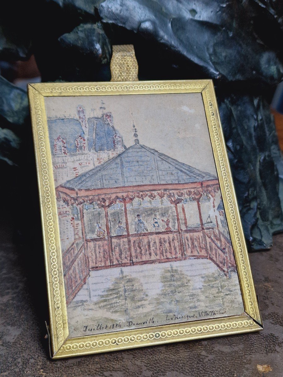 Charmant Tableau Aquarelle Du Kiosque De La Villa Thiebaud à Deauville En Juillet 1884-photo-3