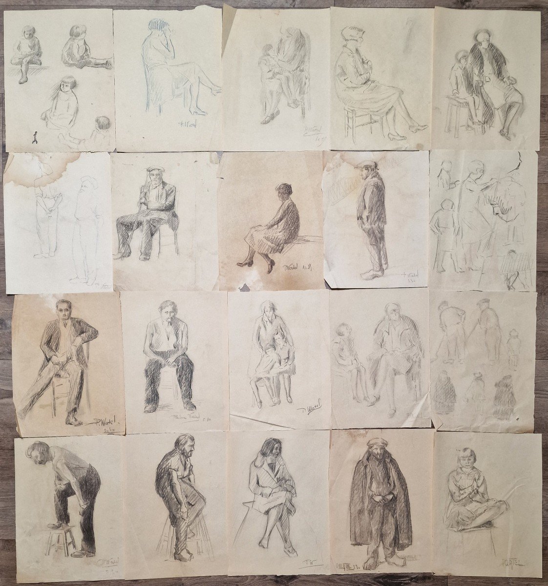 Lot De 20 études Dessins Au Crayon Papier Par Pauline Watel Laval #1 Fond d'Atelier