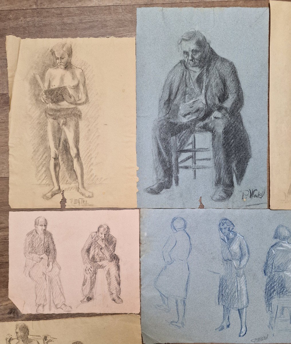 Lot Of 14 Studies Drawings In Pencil Charcoal Paper By Pauline Watel Laval #4 Fond d'Atelier-photo-2