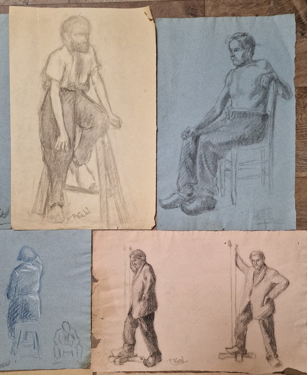 Lot Of 14 Studies Drawings In Pencil Charcoal Paper By Pauline Watel Laval #4 Fond d'Atelier-photo-3