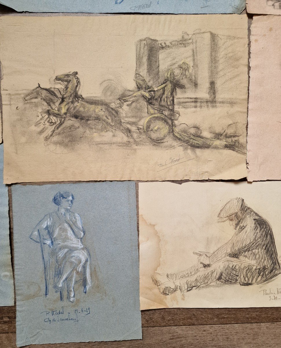 Lot Of 14 Studies Drawings In Pencil Charcoal Paper By Pauline Watel Laval #4 Fond d'Atelier-photo-1