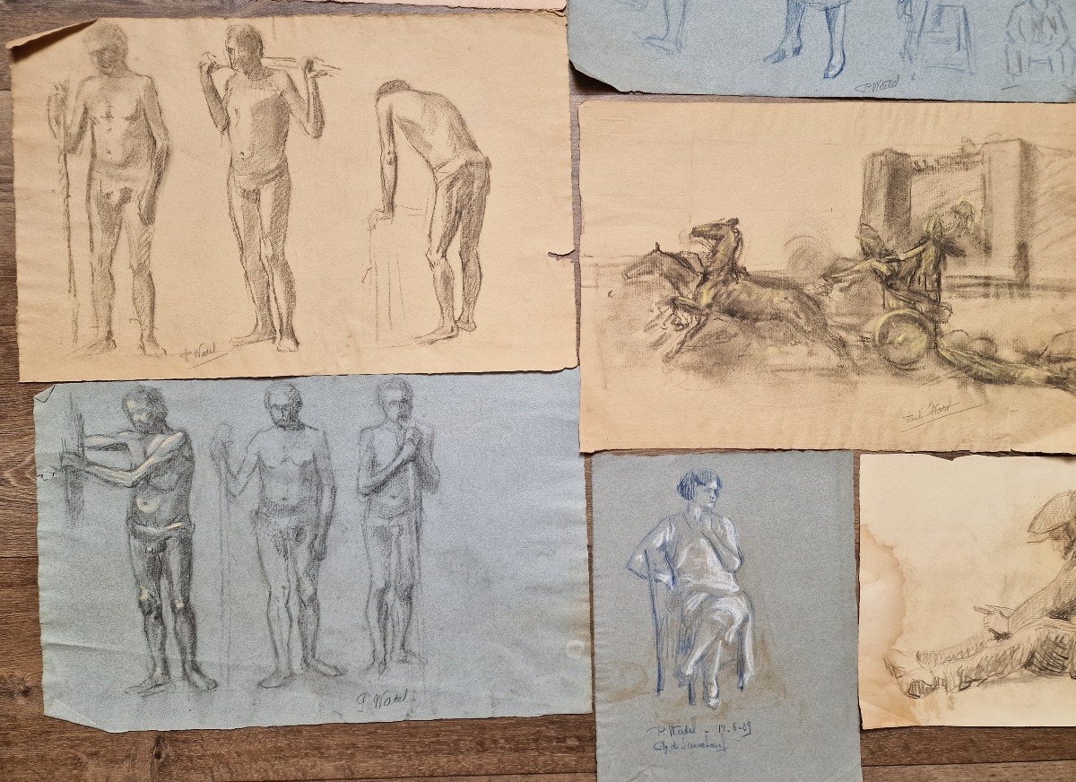 Lot Of 14 Studies Drawings In Pencil Charcoal Paper By Pauline Watel Laval #4 Fond d'Atelier-photo-2