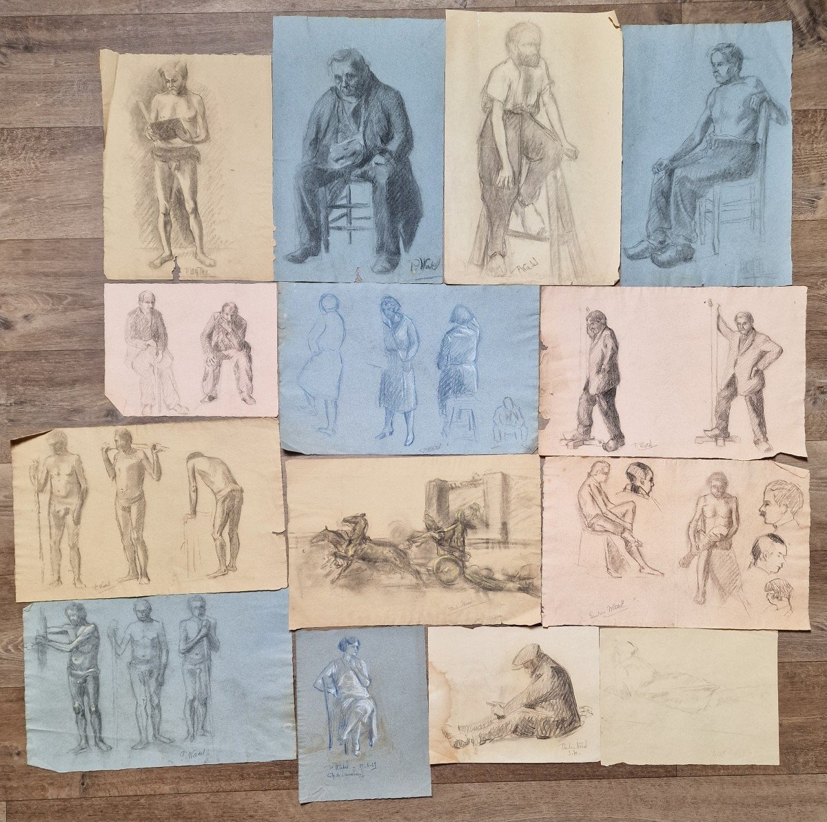 Lot Of 14 Studies Drawings In Pencil Charcoal Paper By Pauline Watel Laval #4 Fond d'Atelier