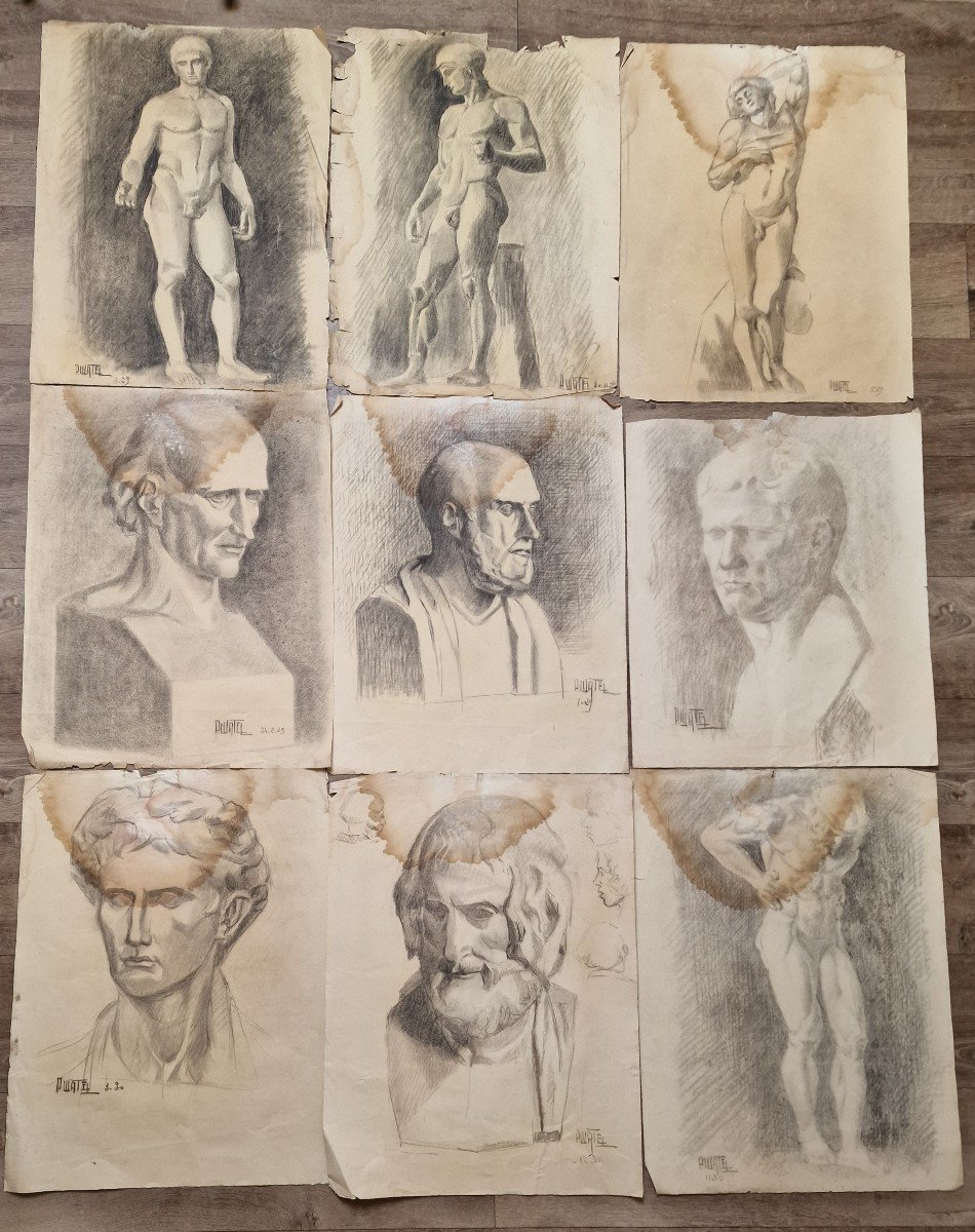 Lot Of 9 Academic Studies Pencil Drawings By Pauline Watel Laval #9 Studio Background