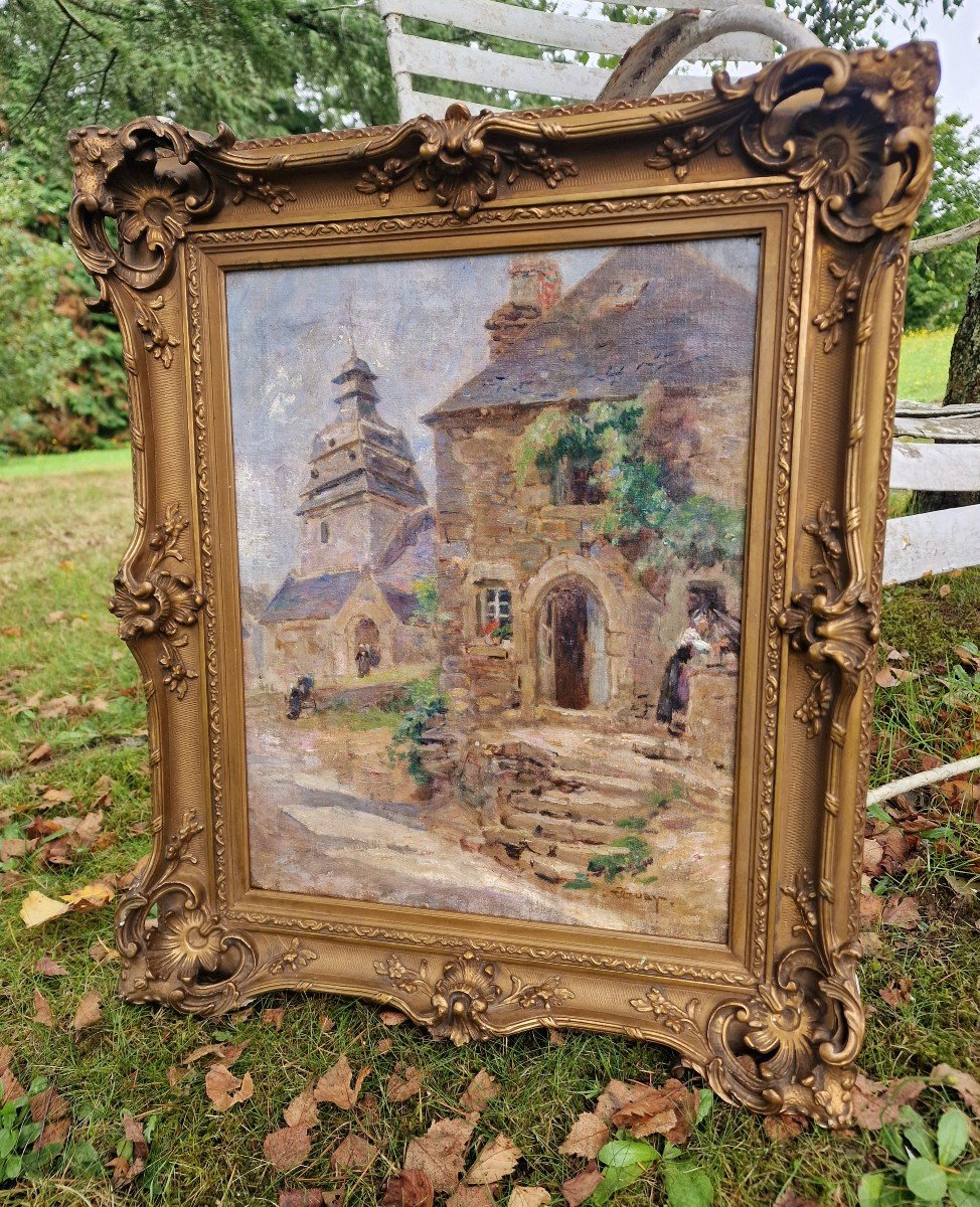 Painting Church Street In Le Faouet Around 1900 Breton School Notre Dame De l'Assomption -photo-2